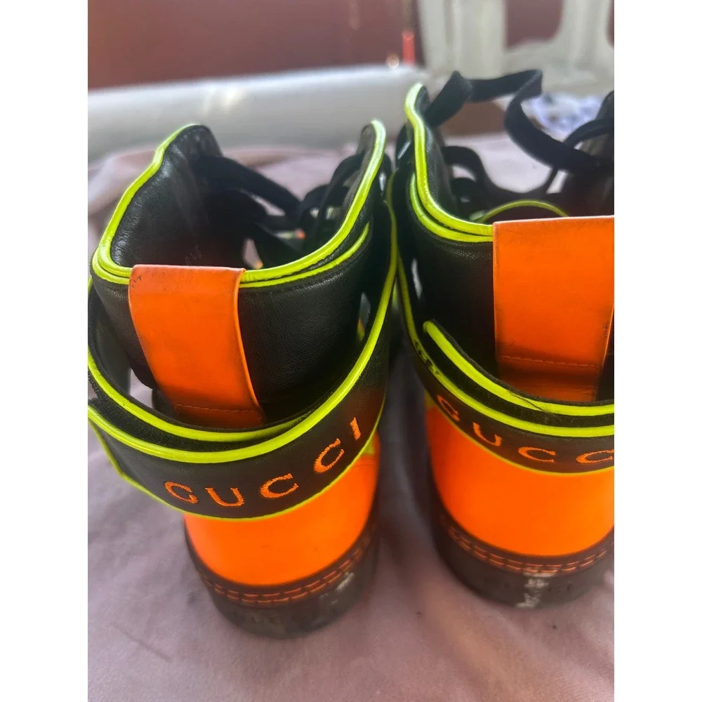 Gucci Coda High Top Sneakers Black Leather Neon Yellow Orange 386738 Mens 8.5G